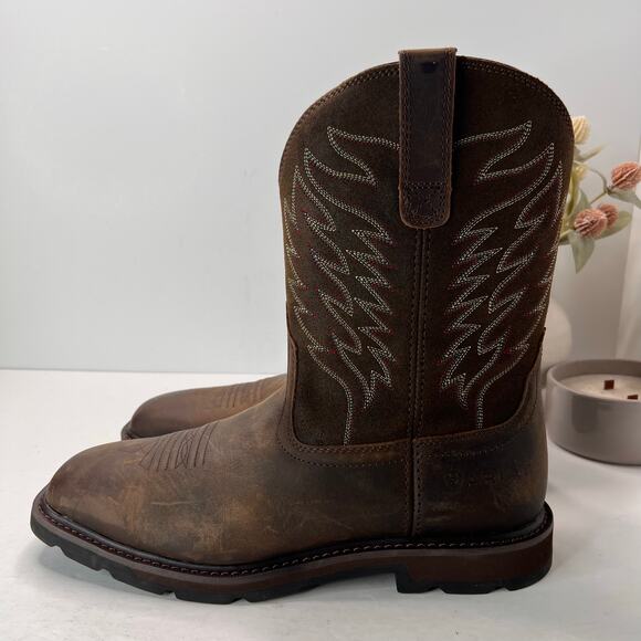 Ariat Groundbreaker Wide Square Toe Work Boots Mid Calf Brown Men's 11D - Picture 1 of 9